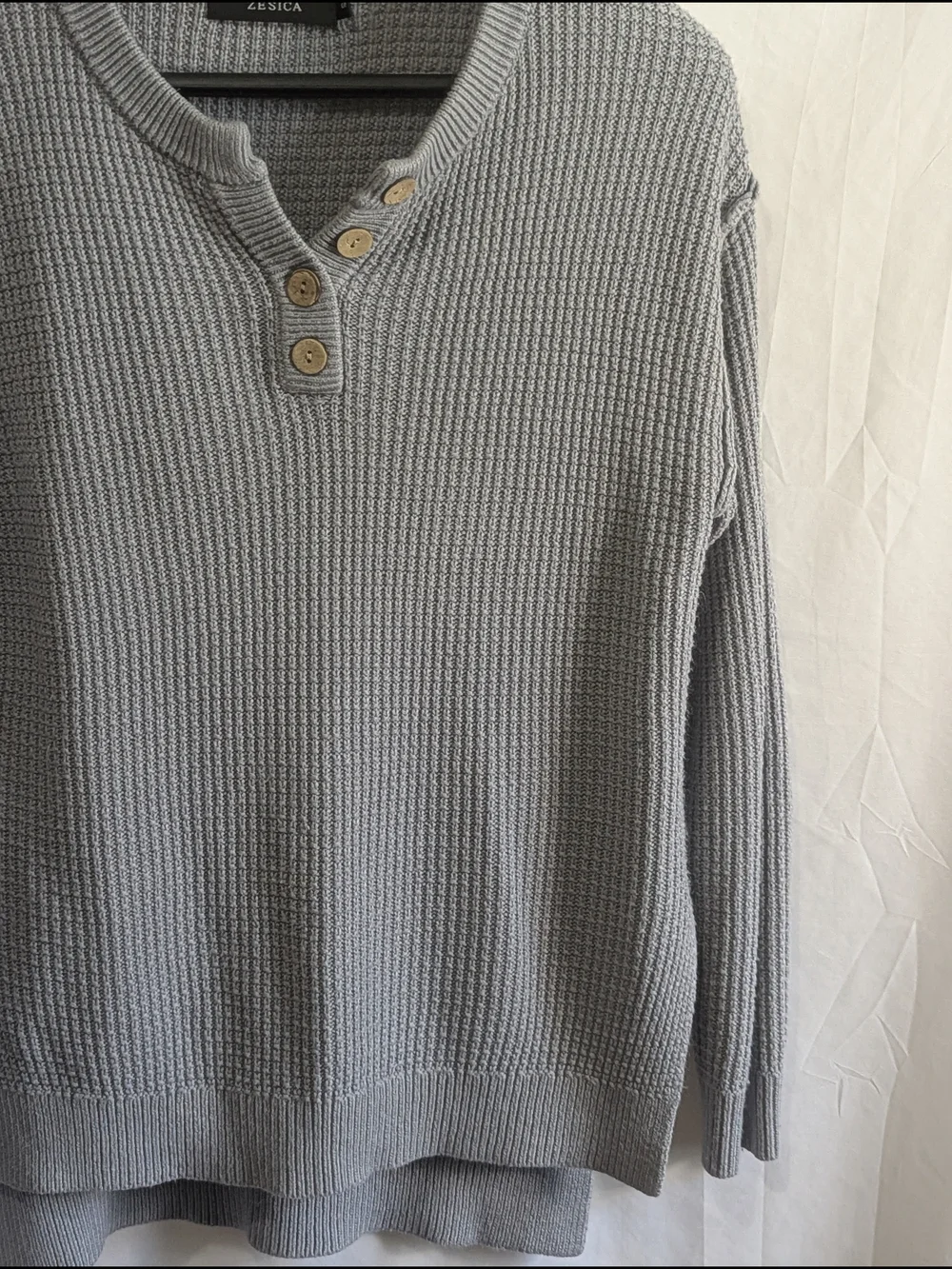 ZESICA Gray Waffle Knit Henley Sweater High Low Hem Side Slit Women's Small